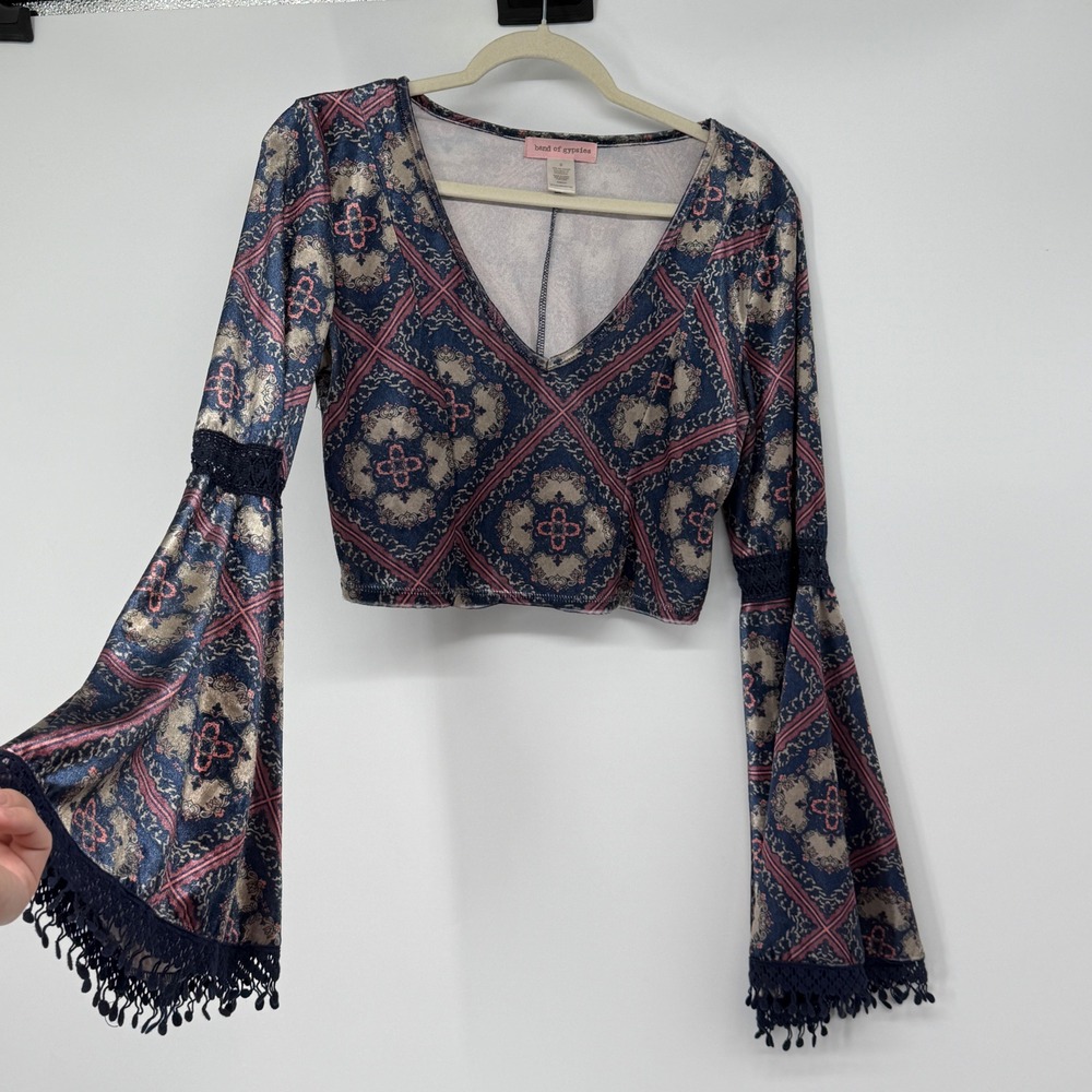 Band of Gypsies Blue‎ Medallion Bell Sleeve Crop Top Small